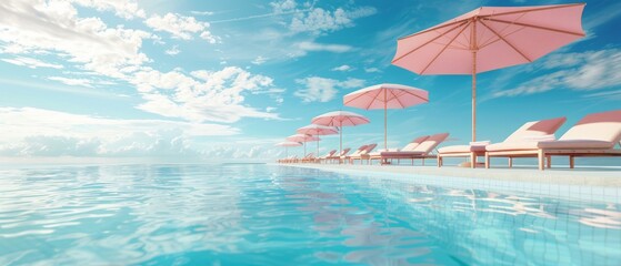 Pool with beach umbrella and chairs. Pink summer vacation concept. 3D rendering.