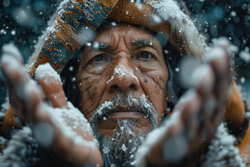 An image of a shaman in a gentle snowfall, each snowflake that lands on him turning into a miniature - obrazy, fototapety, plakaty