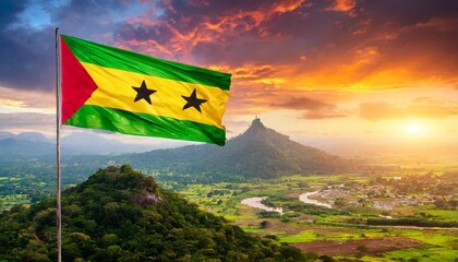 The Flag of Sao Tome and Principe On The Mountain.