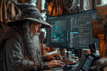 A depiction of a wizard at a dual monitor setup, one screen displaying code while the other shows a