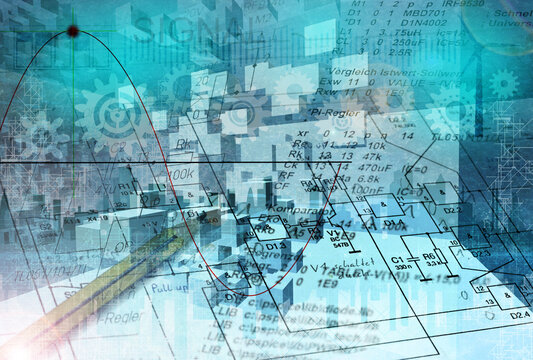 Technologie Hintergrund - Elektronik und Programmcode - Programmierung mit Modulen in 3D Cyberspace - Smart Buildings - Regenerative Energie