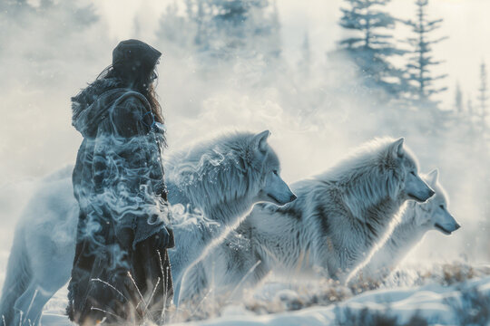 An image of a shaman in a snow-covered forest, calling upon animal spirits, which appear as ghostly,