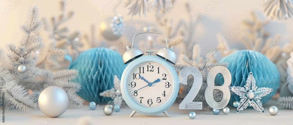 Poster a cream number with a blue alarm clock for the new year 2020. 3d rendering