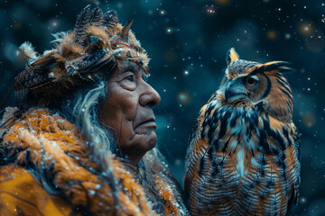 An image of a shaman with an owl perched on his shoulder, both gazing into the night sky as starry f - obrazy, fototapety, plakaty