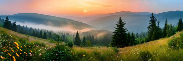 A panoramic view of the Carpathian Mountains at sunrise, with mist rolling over hills covered in wildflowers and pine forests - obrazy, fototapety, plakaty