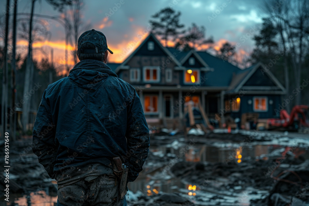 Poster an image of a vampire set designer at dusk, overseeing the construction of an eerily realistic haunt