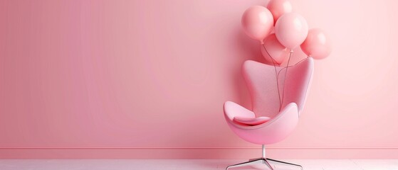 Three-dimensional rendering of a pink chair with balloons. Creative design. Minimal concept.