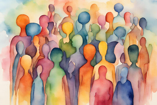 Abstract colorful art watercolor painting depicts a diverse group of people united