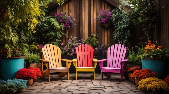 Wooden chairs on the plank terrace in the luxury colorful backyard garden 