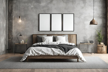Bedroom interior in loft, industrial style, frame mockup, 3d rende(