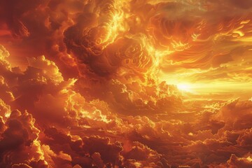 Golden stratospheric clouds illuminated by the setting sun, sprawling across an orange and red sky, capturing the essence of a fiery evening - obrazy, fototapety, plakaty