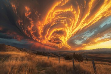 Golden stratospheric clouds illuminated by the setting sun, sprawling across an orange and red sky, capturing the essence of a fiery evening