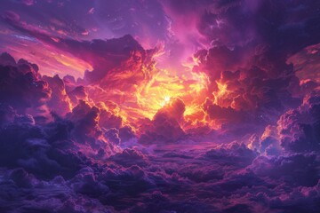 Intense fiery red and yellow stratospheric clouds, reminiscent of a blazing inferno, set against a darkening purple sky at dusk, offering a dramatic and powerful scene - obrazy, fototapety, plakaty
