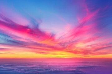 Soft, feathery stratospheric clouds in a gradient of sunset colors ranging from yellow to deep red, set against a clear evening sky, creating a smooth and soothing transition - obrazy, fototapety, plakaty