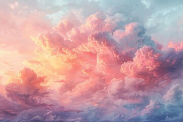 Stratospheric clouds in a blend of coral and peach tones, set against a soft salmon-colored sky, reflecting the warmth and tranquility of a peaceful sunset