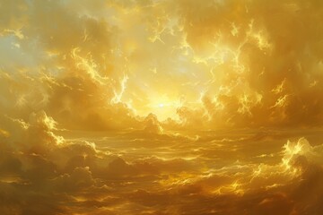 Subtle beige and soft yellow stratospheric clouds blending into a golden sky, creating a delicate and elegant early morning scene - obrazy, fototapety, plakaty