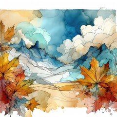 Autumn Leaves and Abstract Watercolor Landscape background with Generative AI.