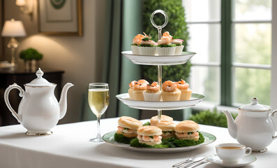 elegant dining table set for an afternoon tea or brunch. Include a three-tiered serving tray with sandwiches, pastries, and delicacies, a plate with grilled shrimp and greens