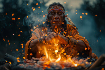 An image showing a shaman beside a bonfire, throwing fragrant herbs into the flames, each spark risi