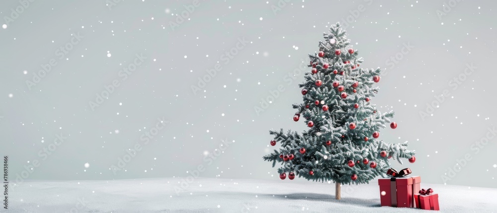 Poster 3d rendering of a christmas tree with a gift box and falling snow on a white background.