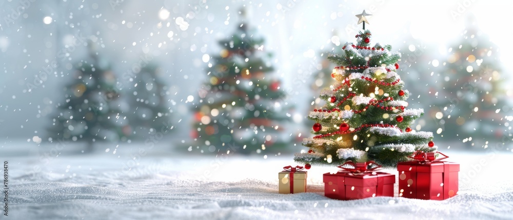 Poster an animated 3d rendering of a christmas tree and gift box with falling snow on a white background.