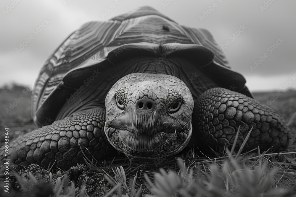 Poster an image showing the quiet despair of the last remaining pinta island tortoise, alone in its environ