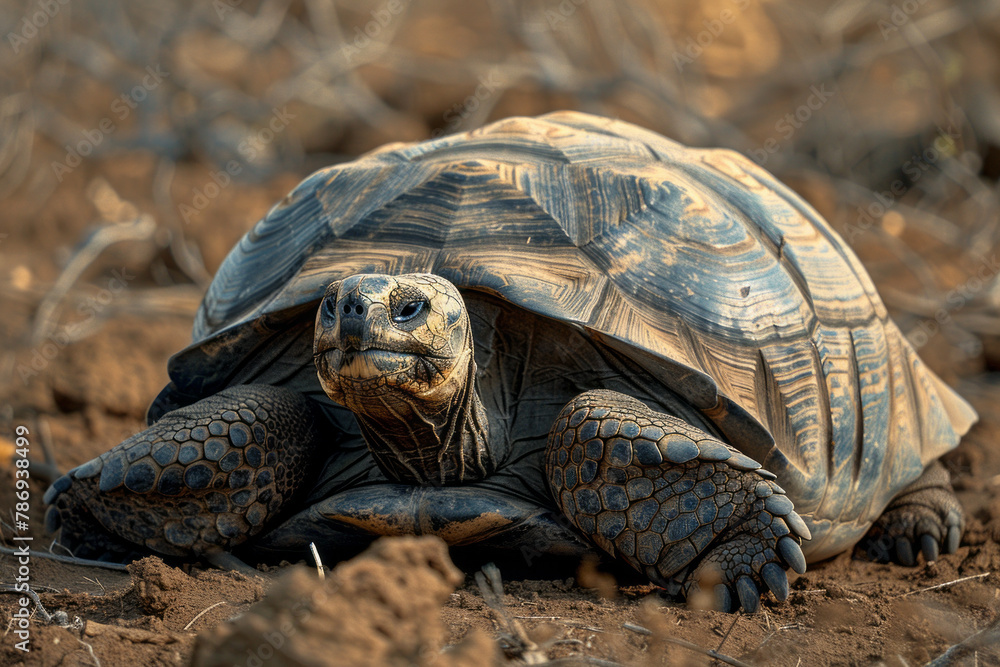 Poster an image showing the quiet despair of the last remaining pinta island tortoise, alone in its environ