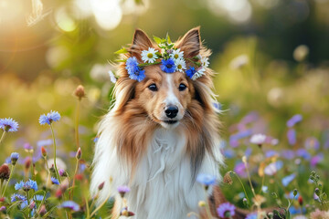 Beautiful sable white shetland cute dog, small collie lassie dog outside portrait with cornflower midsummer circlet of flowers. Happy midsummer celebration postcard with smiling sheltie - obrazy, fototapety, plakaty