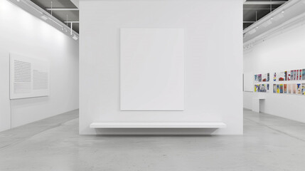 A sleek, minimalist living room showcases a white empty framed artwork against a backdrop of modernity, complemented by a wooden table adorned with a pristine white ceramic vase