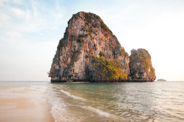 Railay Beach with rocky mountains in the evening