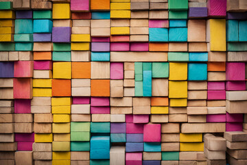 Colorful wood square texture for a backdrop, Colorful wood block stack on the wall for background, grunge cubes rough texture wall background colored rough wooden square - obrazy, fototapety, plakaty