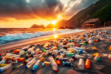 a beach with a lot of trash and bottles on it, plastic waste, trash