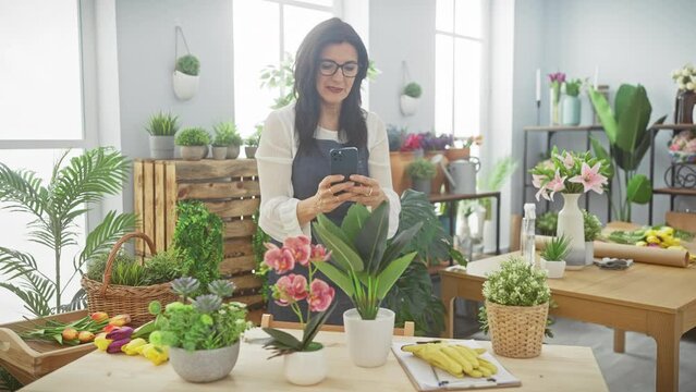 Hispanic woman using smartphone in indoor flower shop surrounded by plants and natural light.