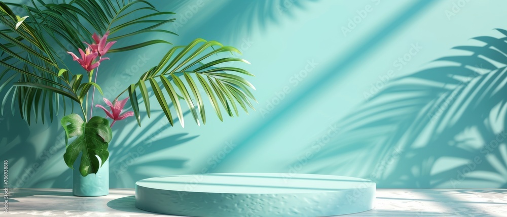 Poster the stand for a product is blank, with a tropical leaf on a colorful background. a 3d rendering of t