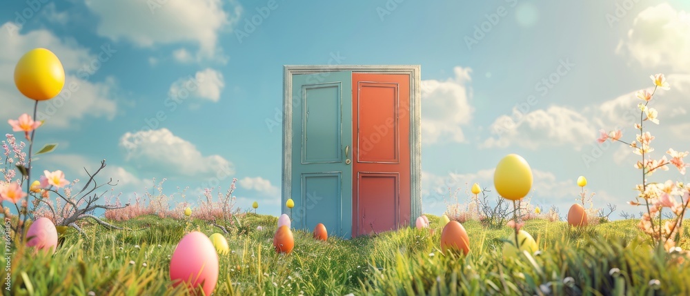 Poster easter door with colorful eggs on meadow. concept and rendering in 3d.