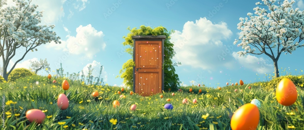 Poster easter door with colorful eggs on a meadow. conceptual rendering in 3d.