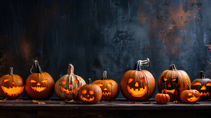 collection of pumpkins on a flat wooden board on a black background with a Halloween theme