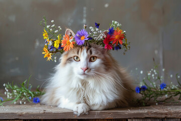 Beautiful sable white shetland cute white cat, small collie lassie cat outside portrait with cornflower midsummer circlet of flowers. Happy midsummer celebration postcard with smiling sheltie
