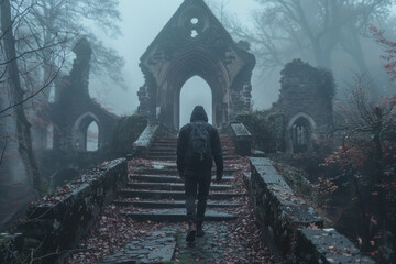 A photograph capturing a vampire producer scouting remote and sinister locations that add authentic - obrazy, fototapety, plakaty