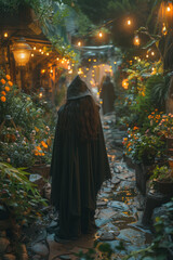 A photograph of a druid leading a moonlight garden installation, using plants that bloom at night an