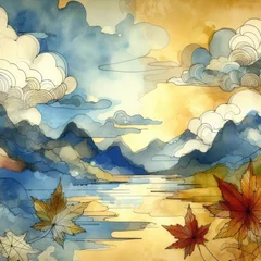  Autumn Leaves and Abstract Watercolor Landscape background with Generative AI. © CarlosTamsui