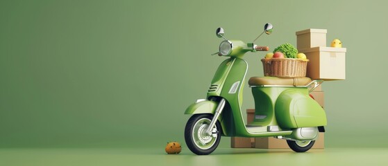 Delivery scooter with green food box. Delivery concept. 3d rendering.