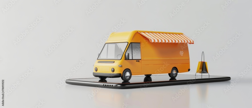 Poster an online shopping application on a smartphone with a delivery van on a white background. 3d renderi