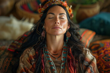 A photograph of a shaman using reiki and other energy work practices on a client in a peaceful, ambi - obrazy, fototapety, plakaty