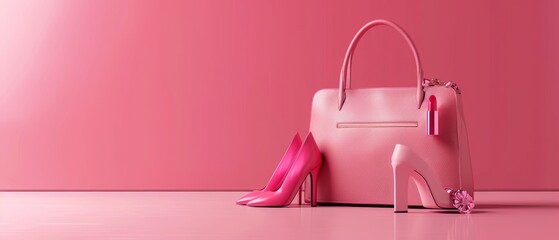 A fashion accessories bag with high heels, lipstick, and other fashion accessories. Three dimensional rendering.