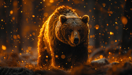 Brown bear, a terrestrial carnivore, wanders through dark woods at night
