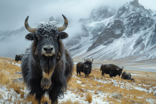 A photograph of a small group of wild yaks at high altitude in the Tibetan plateau, their dense fur