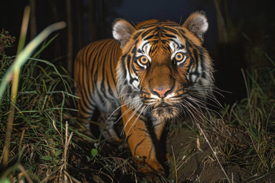 A photograph of an Amur tigerâ€™s eyes glowing in the night, captured on a motion-sensor camera as p