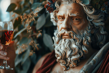 A photograph of Dionysus, god of wine and festivities, as the ambassador for a luxury wine brand, ce - obrazy, fototapety, plakaty