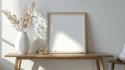 A sleek, minimalist living room showcases a white empty framed artwork against a backdrop of modernity, complemented by a wooden table adorned with a pristine white ceramic vase